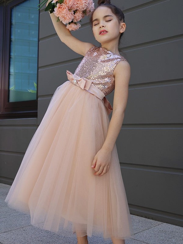 Sleeveless Tulle A-Line/Princess Scoop Bowknot Tea-Length Flower Girl Dresses