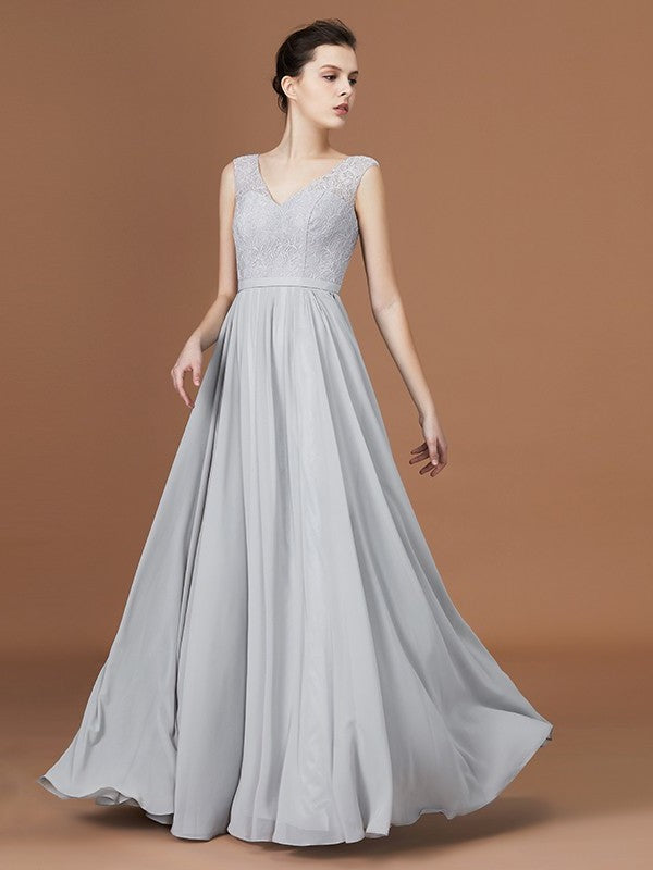 V-neck Floor-Length Chiffon Sleeveless A-Line/Princess Lace Bridesmaid Dress