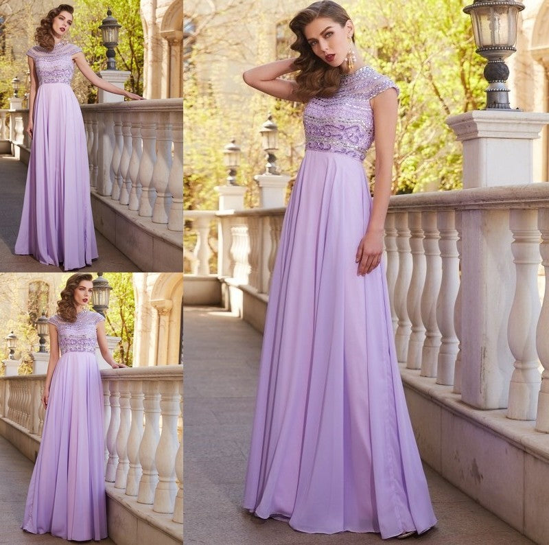 Short A-Line/Princess Scoop Floor-Length Sleeves Beading Chiffon Dresses