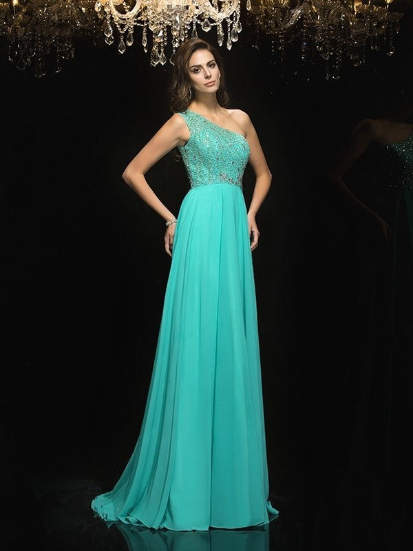 Beading A-Line/Princess One-Shoulder Sleeveless Long Chiffon Dresses