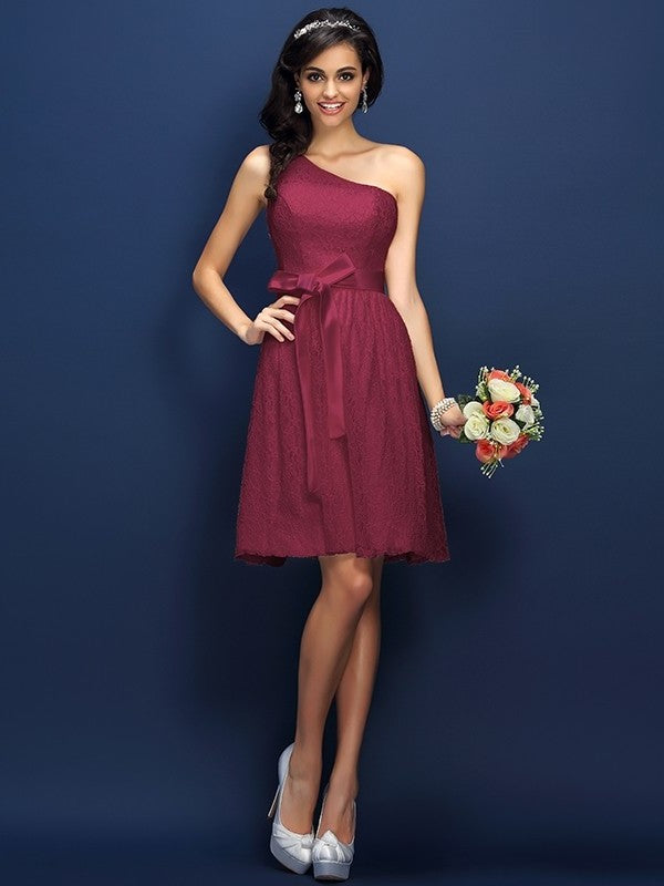 One-Shoulder Sleeveless A-Line/Princess Lace Short Lace Bridesmaid Dresses