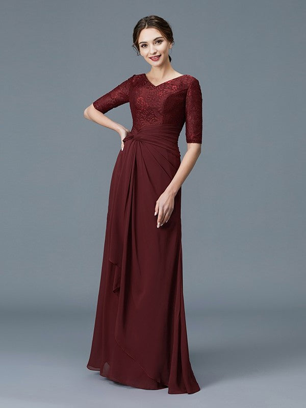 V-neck Floor-Length Sleeves Mother 1/2 of Ruffles Chiffon A-Line/Princess the Bride Dresses