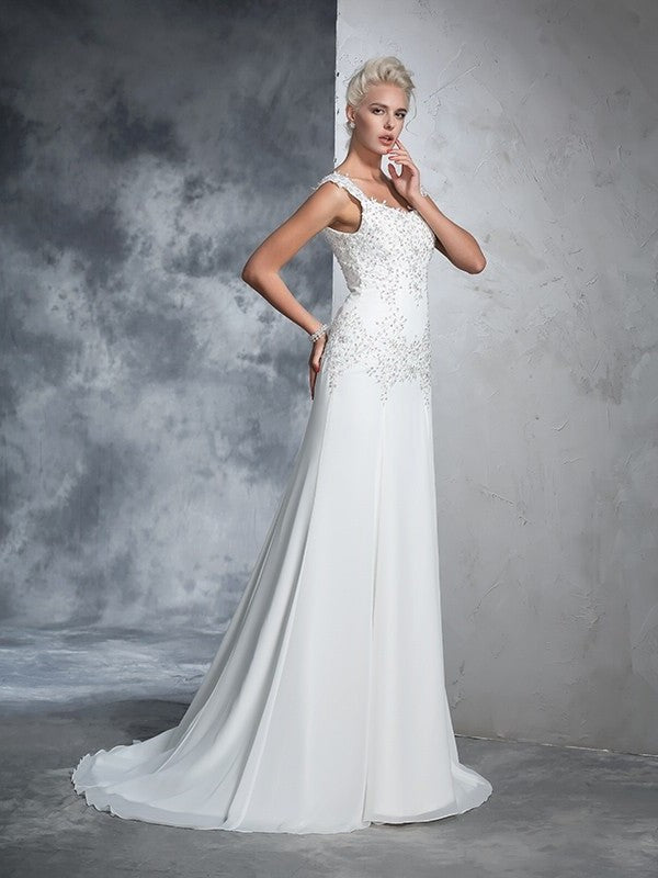 Sleeveless Beading A-Line/Princess Straps Long Chiffon Wedding Dresses