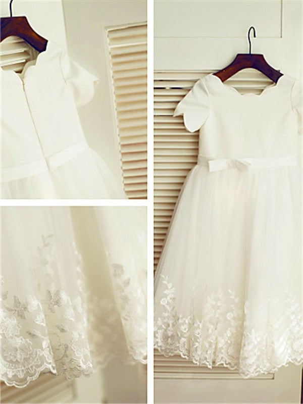 A-line/Princess Short Scoop Sleeves Lace Tea-Length Flower Girl Dresses