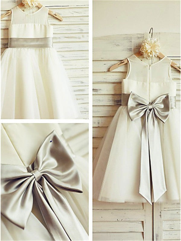 A-line/Princess Tulle Tea-Length Scoop Bowknot Sleeveless Flower Girl Dresses