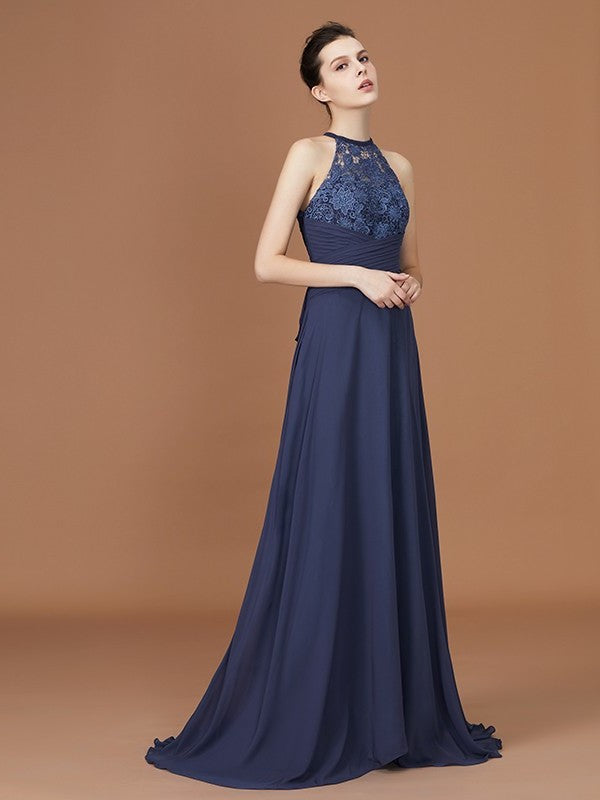 Train Sleeveless Chiffon Scoop Sweep A-Line/Princess Lace Bridesmaid Dress