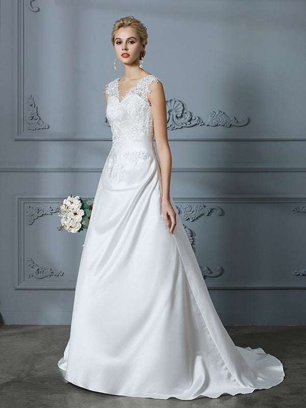 Sweep/Brush V-neck Applique Train Sleeveless A-Line/Princess Satin Wedding Dresses