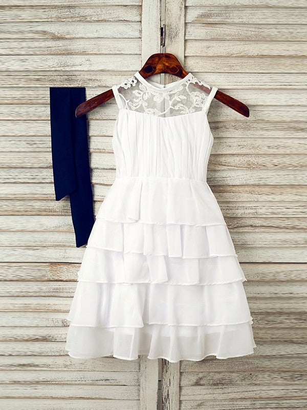 Tea-Length Scoop A-Line/Princess Sash/Ribbon/Belt Chiffon Sleeveless Flower Girl Dresses