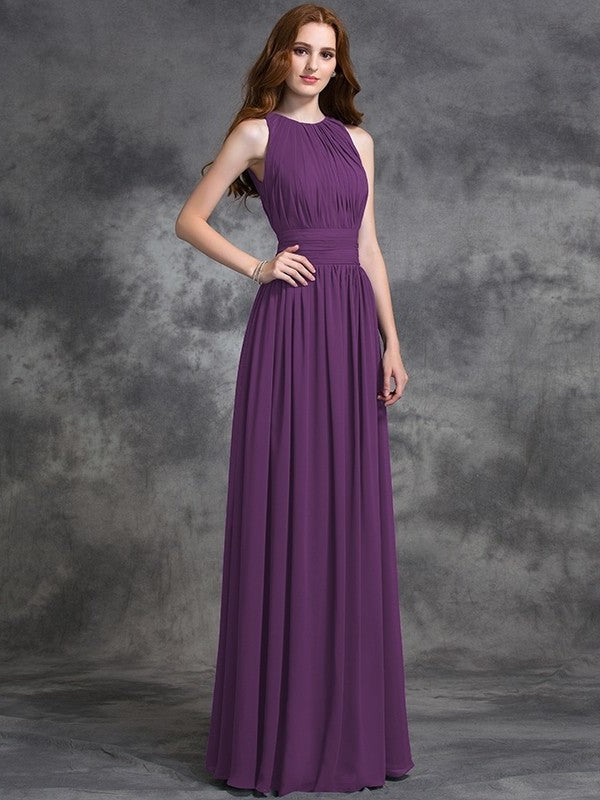 Sleeveless Long A-line/Princess Ruched Jewel Chiffon Bridesmaid Dresses