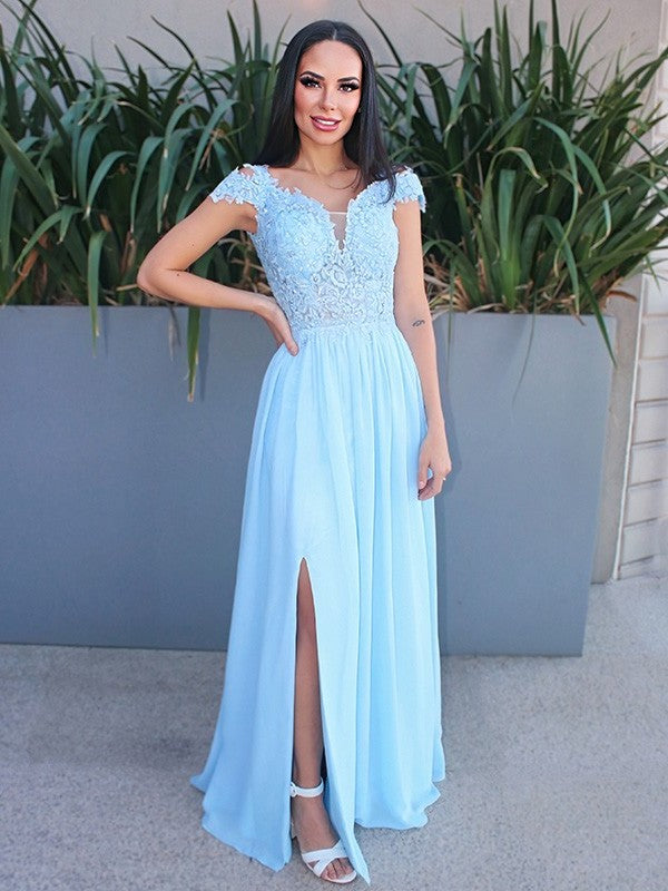 A-Line/Princess Floor-Length Off-the-Shoulder Sleeveless Chiffon Applique Dresses