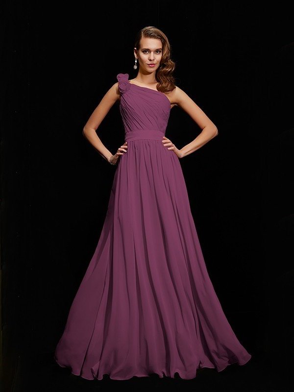 Flower Sleeveless A-Line/Princess One-Shoulder Hand-Made Long Chiffon Bridesmaid Dresses