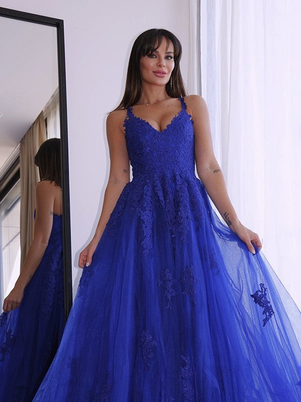 A-Line/Princess Applique Tulle V-neck Sleeveless Sweep/Brush Train Dresses