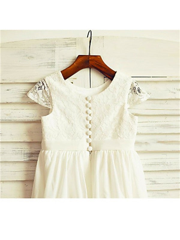 Lace Chiffon Sleeves Short Tea-Length Scoop A-line/Princess Flower Girl Dresses