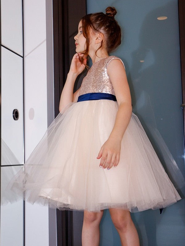 Short Sash/Ribbon/Belt Knee-Length Scoop A-Line/Princess Sleeves Tulle Flower Girl Dresses