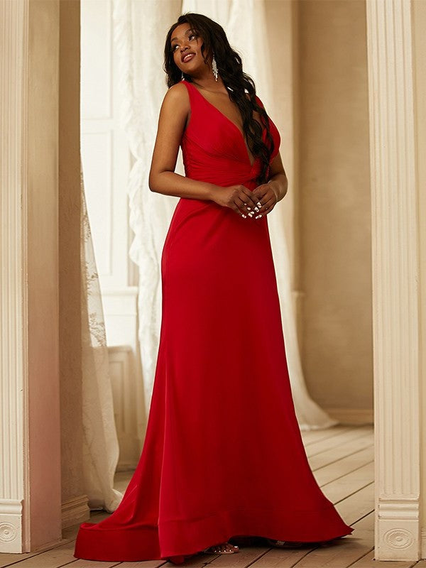 Ruched Sleeveless Sheath/Column Satin V-neck Sweep/Brush Train Dresses