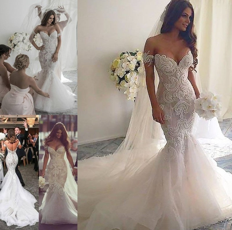 Trumpet/Mermaid Chapel Tulle Train Off-the-Shoulder Sleeveless Wedding Dresses