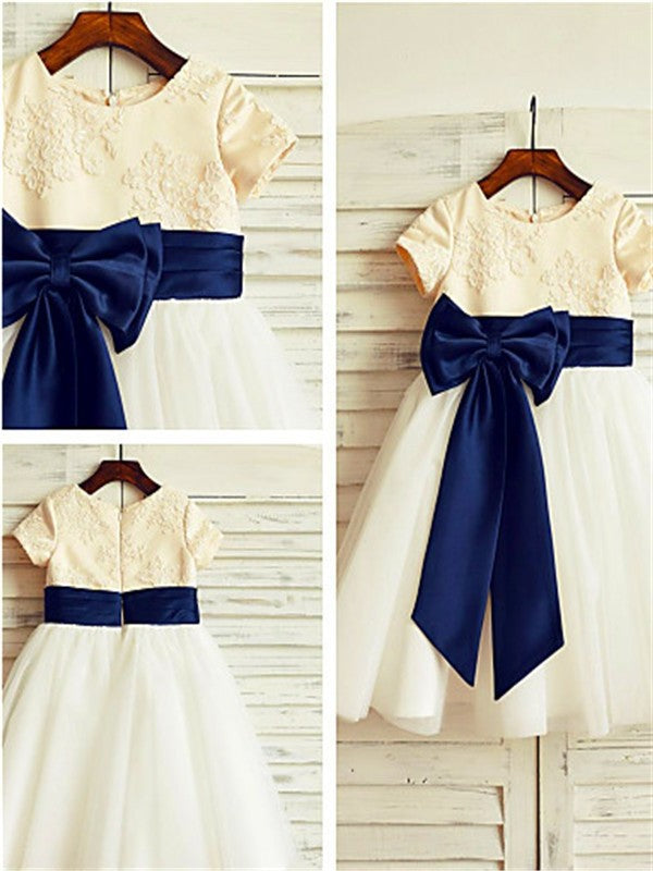 Short Tea-Length Tulle Sleeves Bowknot A-line/Princess Scoop Flower Girl Dresses