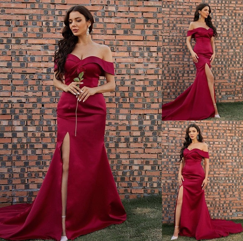 Off-the-Shoulder Sleeveless Sheath/Column Satin Ruched Sweep/Brush Train Dresses