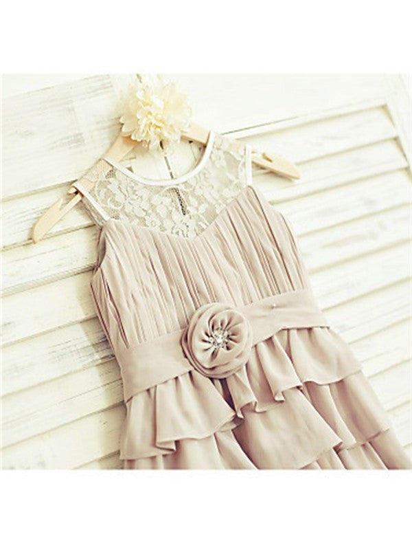 Ruffles Chiffon Scoop A-line/Princess Sleeveless Tea-Length Flower Girl Dresses