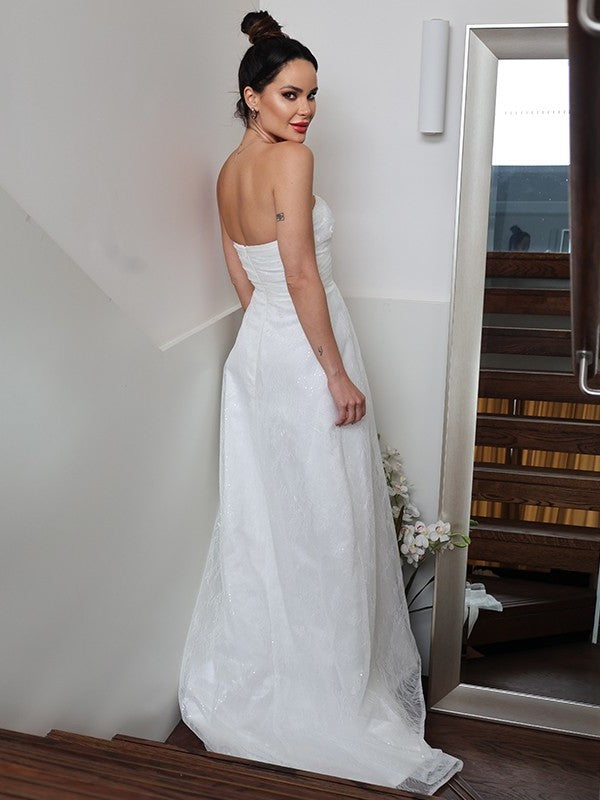 Sweetheart Sleeveless A-Line/Princess Ruched Sweep/Brush Train Wedding Dresses