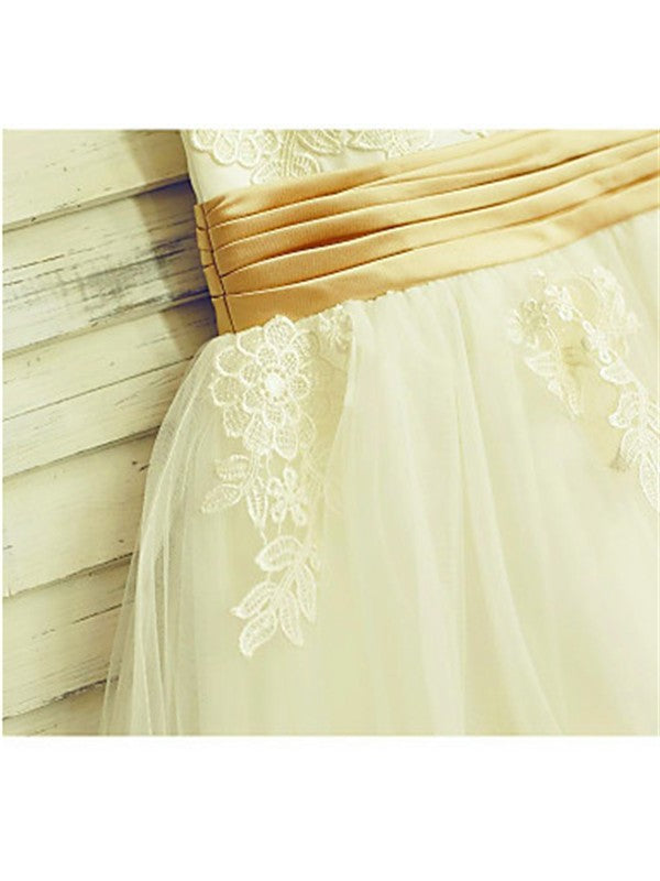 Sleeveless Tulle Lace Tea-Length Scoop A-line/Princess Flower Girl Dresses