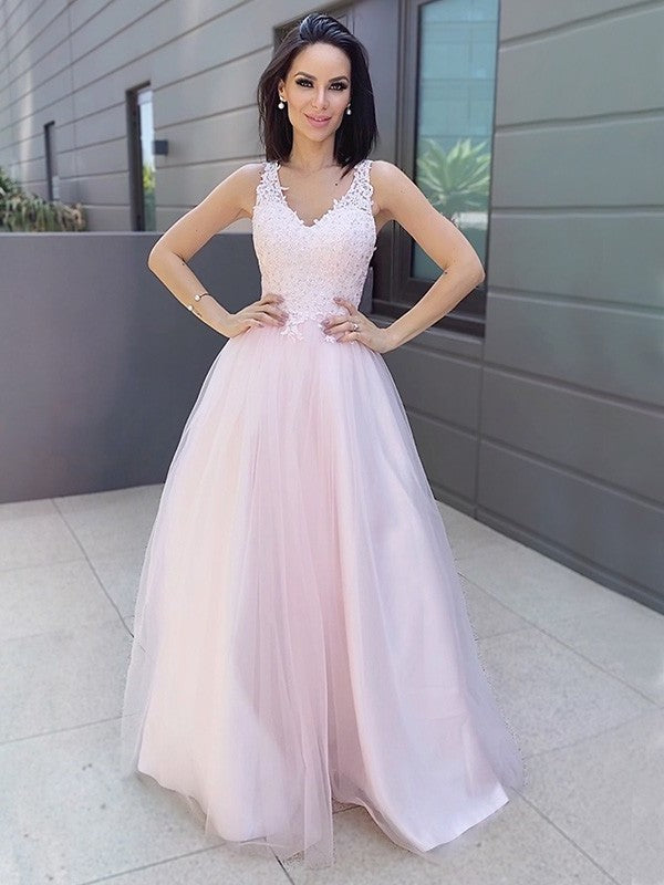 Sleeveless A-Line/Princess V-neck Applique Tulle Floor-Length Dresses