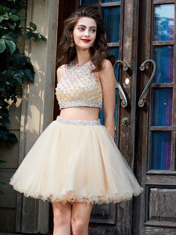 Two Scoop Sleeveless Net Short/Mini A-Line/Princess Beading Piece Homecoming Dresses