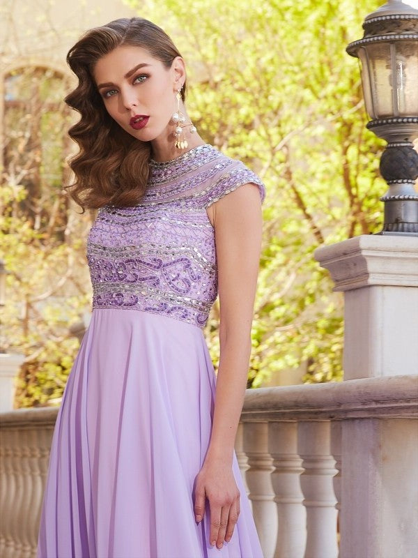 Short A-Line/Princess Scoop Floor-Length Sleeves Beading Chiffon Dresses