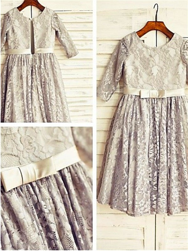 Lace A-line/Princess Scoop Sleeves Tea-Length 3/4 Flower Girl Dresses