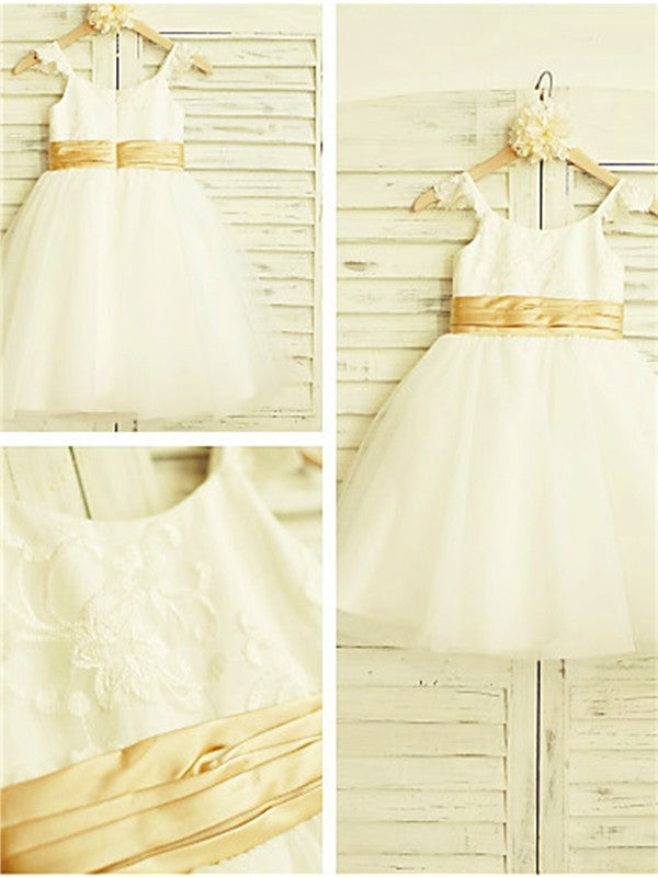 Tulle Lace Straps A-line/Princess Tea-Length Spaghetti Sleeveless Flower Girl Dresses