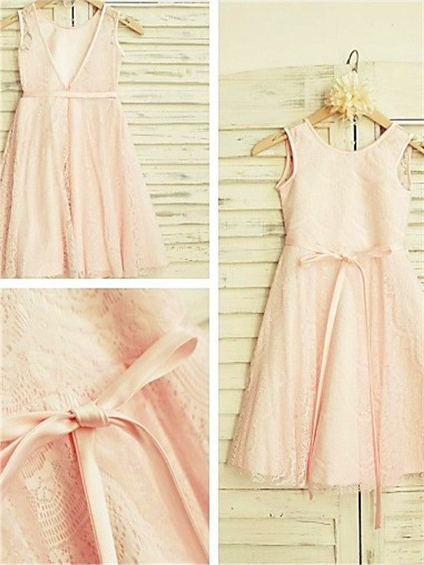 A-line/Princess Scoop Sash/Ribbon/Belt Tea-Length Lace Sleeveless Flower Girl Dresses