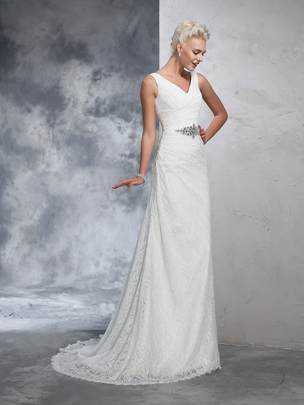 Trumpet/Mermaid Long Sleeveless Lace V-neck Lace Wedding Dresses