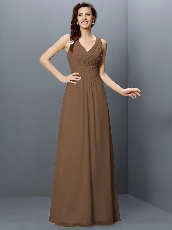 V-neck Long Sleeveless A-Line/Princess Pleats Chiffon Bridesmaid Dresses