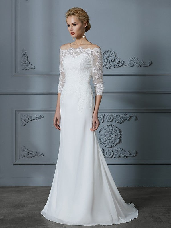 Sweep/Brush Sleeves Off-the-Shoulder 1/2 Train Trumpet/Mermaid Chiffon Wedding Dresses