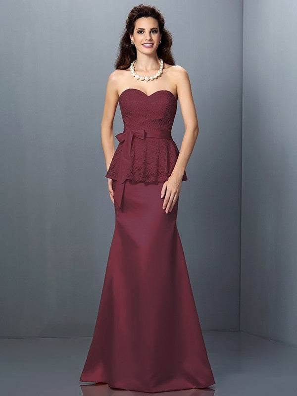 Trumpet/Mermaid Lace Sweetheart Sleeveless Long Satin Bridesmaid Dresses