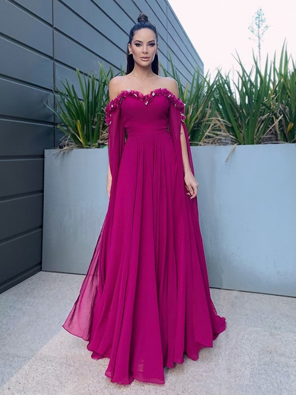 Long A-Line/Princess Sleeves Chiffon Floor-Length Ruffles Off-the-Shoulder Dresses