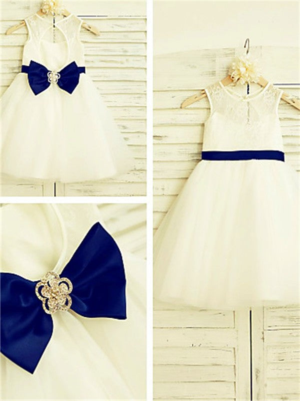 Tea-Length Scoop Bowknot A-line/Princess Sleeveless Tulle Flower Girl Dresses