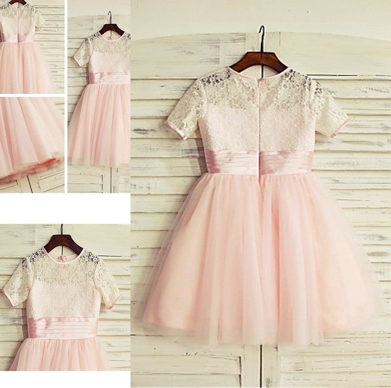 Lace Short A-line/Princess Tulle Sleeves Tea-Length Jewel Flower Girl Dresses