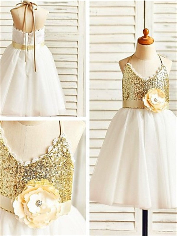 Halter Tea-Length A-line/Princess Sleeveless Sequin Tulle Flower Girl Dresses