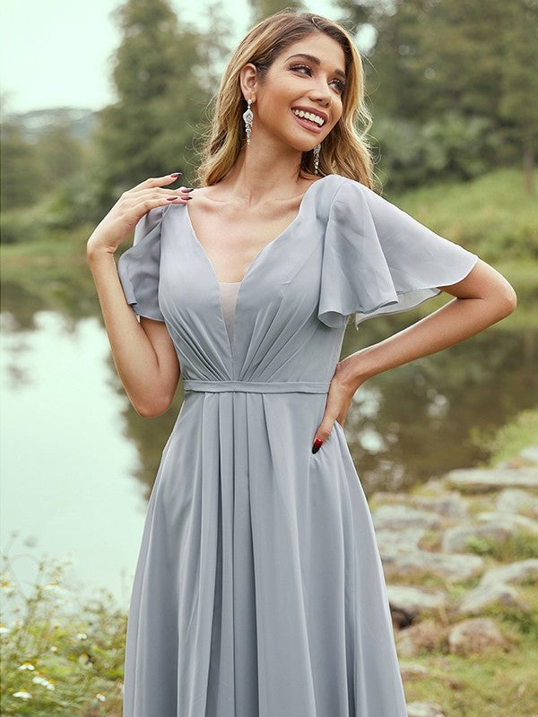 V-neck A-Line/Princess Short Chiffon Ruffles Sleeves Floor-Length Bridesmaid Dresses