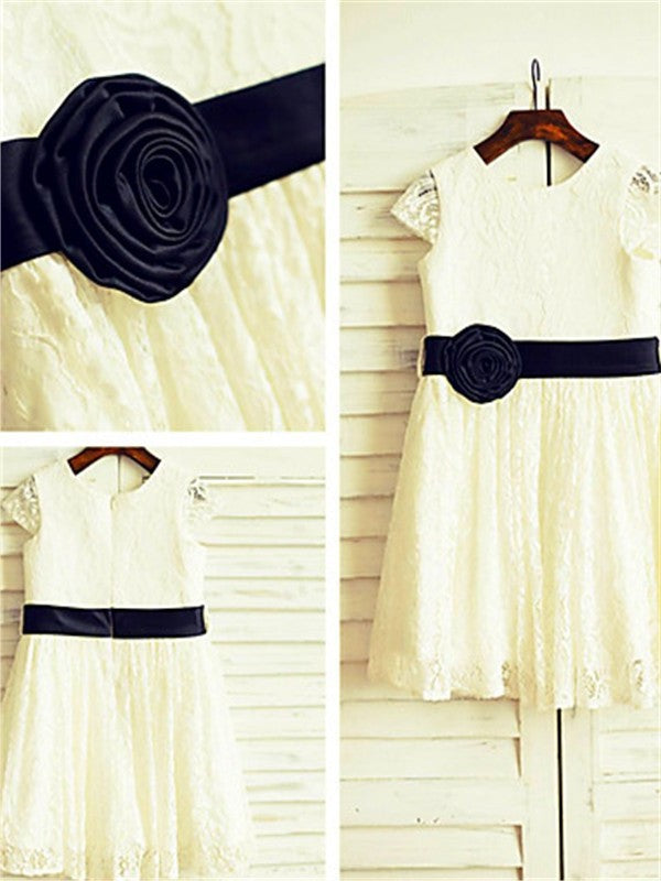 Tea-Length Flower Hand-made Short Sleeves Lace Scoop A-line/Princess Flower Girl Dresses