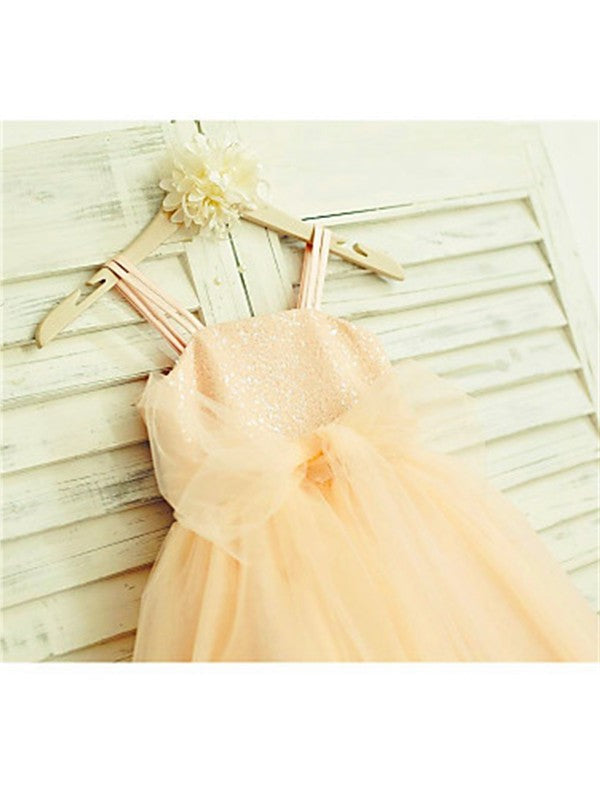 Tulle Sequin Spaghetti Sleeveless Tea-Length A-line/Princess Straps Flower Girl Dresses