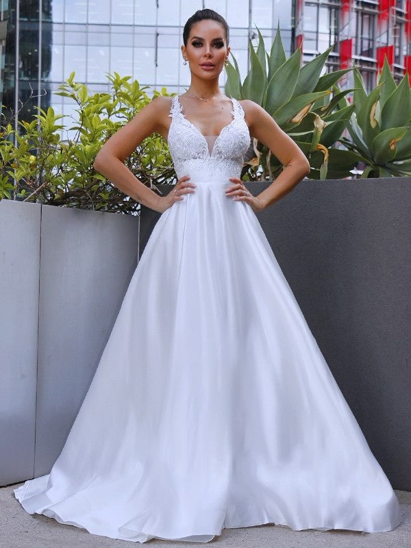 Applique Sleeveless Sweep/Brush A-Line/Princess V-neck Satin Train Wedding Dresses