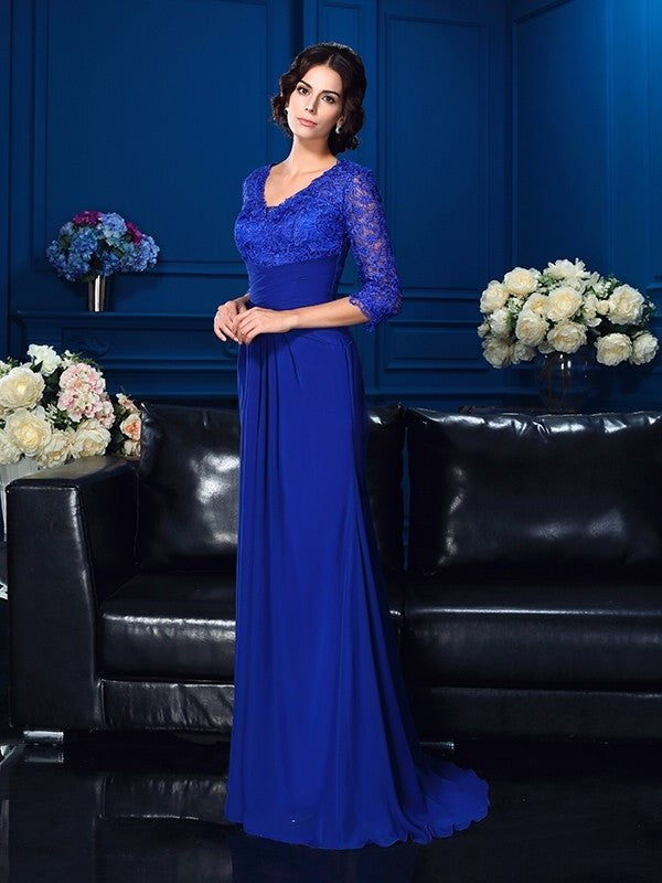 V-neck Sleeves Long Applique Chiffon A-Line/Princess of Mother 3/4 the Bride Dresses