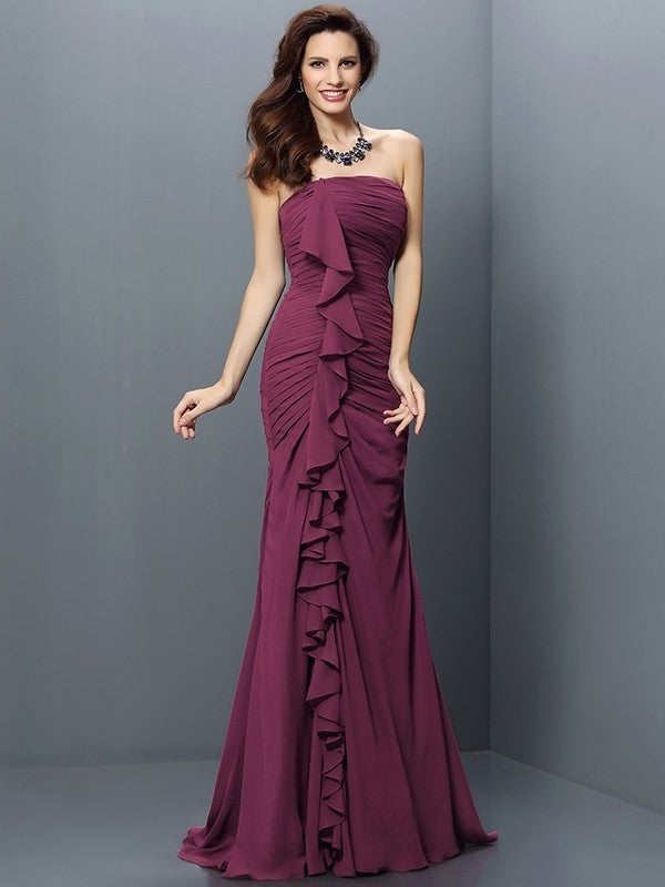 Trumpet/Mermaid Pleats Strapless Sleeveless Long Chiffon Bridesmaid Dresses