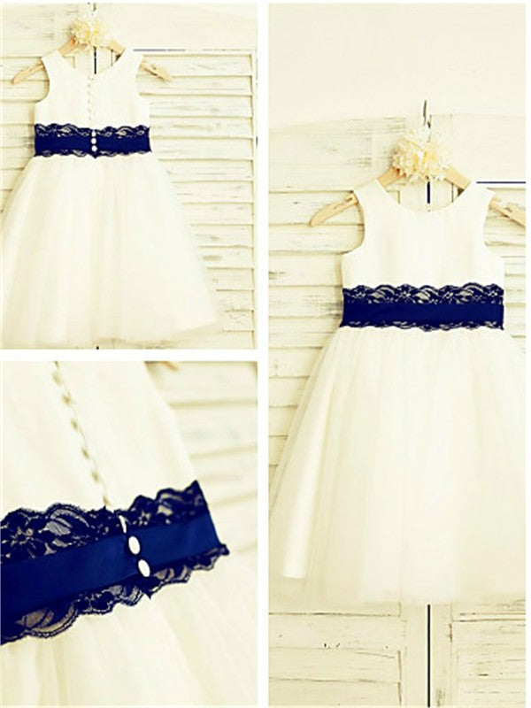 Lace Tulle Sleeveless A-line/Princess Scoop Tea-Length Flower Girl Dresses