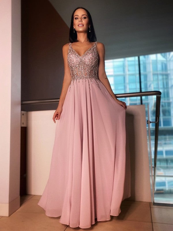 Chiffon Sleeveless A-Line/Princess V-neck Beading Floor-Length Dresses