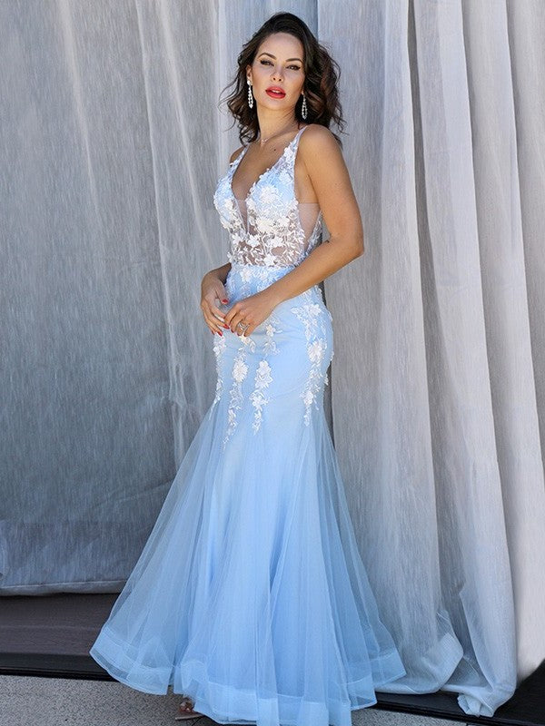 Tulle Trumpet/Mermaid Sleeveless V-neck Applique Floor-Length Dresses