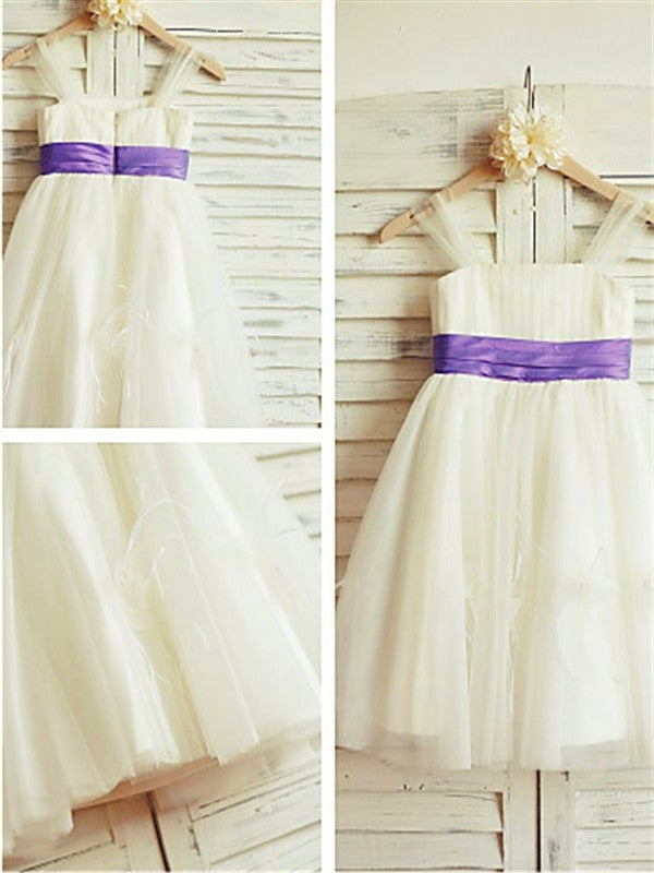 Tulle Ruffles Tea-Length Sleeveless A-line/Princess Straps Flower Girl Dresses