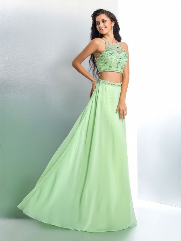 Chiffon A-Line/Princess Beading Halter Long Sleeveless Two Piece Dresses